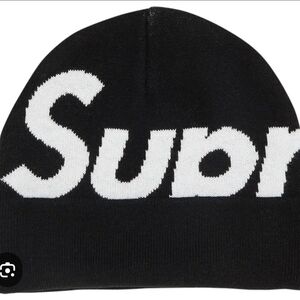 Supreme Black Big Logo Beanie with White Label